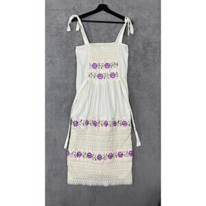 Dress Women S White Floral Embroidered Tie-Strap Smocked Cottage Boho Hippie